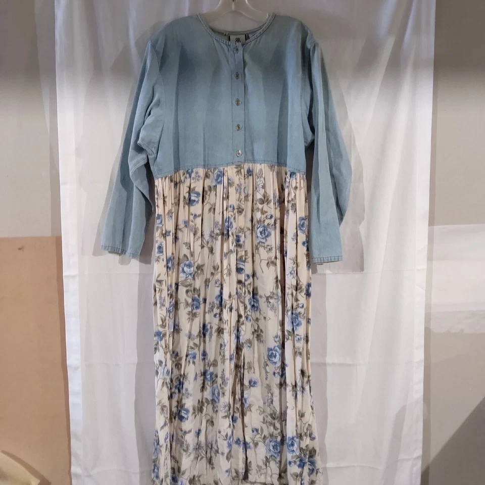 Vintage Bill Blass Women's Beige Denim Peasant Maxi Long Sleeve Dress Size 16 - Image 2 of 4