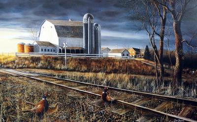 Jim Hansel ''At the crossing'' Pheasant Railroad Track Print 18'' x 10.5''