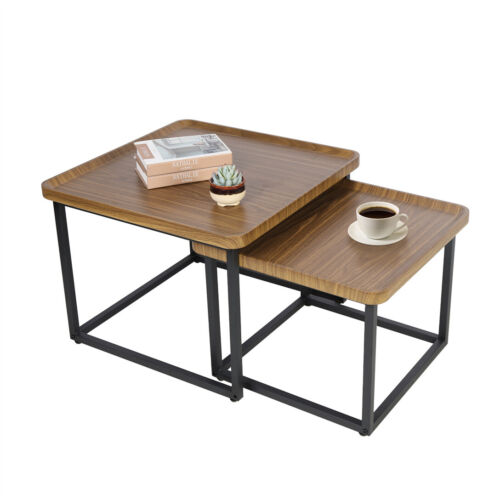 Vintage Wooden Nesting Coffee Table Set of 2 Industrial Stacking End Side Table - Picture 13 of 13