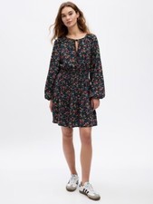 Gap $70 Smocked Waist Keyhole Tie Neck Black Floral Mini Dress Size Large NWT
