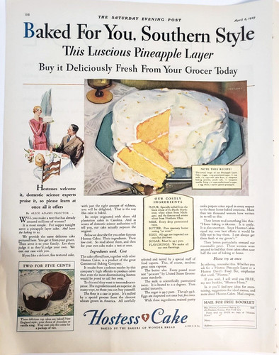 Hostess Cake Pineapple Layer Cake Vintage 1929 Ad Recipe Wonder Bread