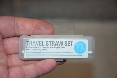 Ausziehbares Reise Strohhalm Set mit Reinigungsbürste und Etui Edelstahl NEU