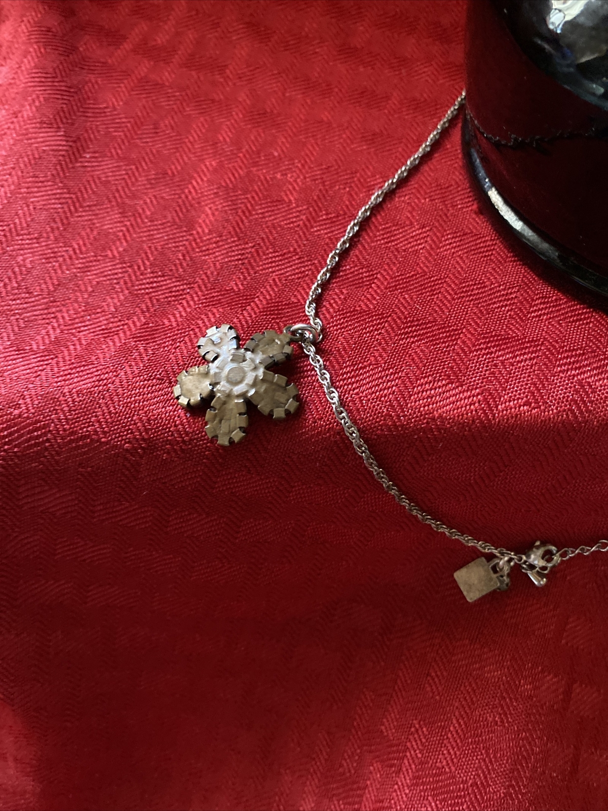 John Wind Necklace, Flower Pendant With Blue Stones Over Gold Tone