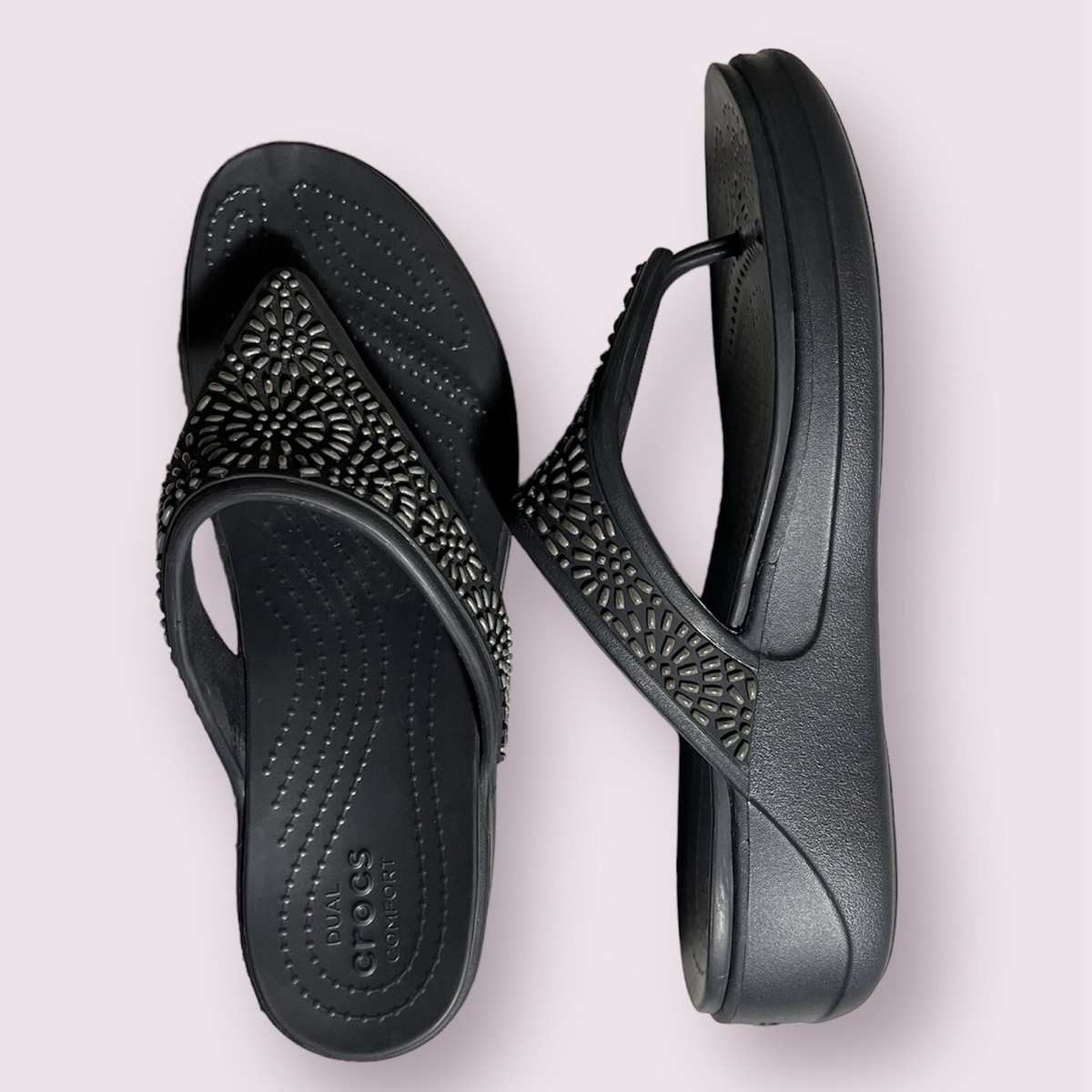 Dual Crocs Embellished Flip Flop Women's Size 10 Black Sandals