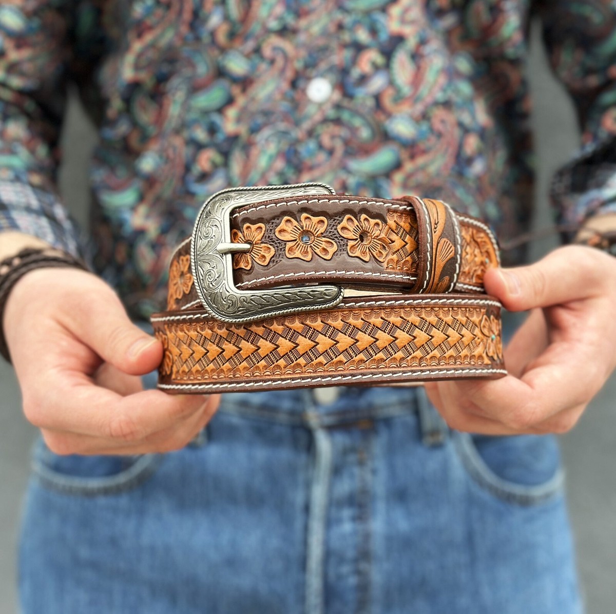 Vintage Hand Tooled Leather Belt With‎ Buckle Cowboy Vibe ~ 50 Inches Western Belt For Men Cowboy Full Grain Leather Hand Tooled  main image 3