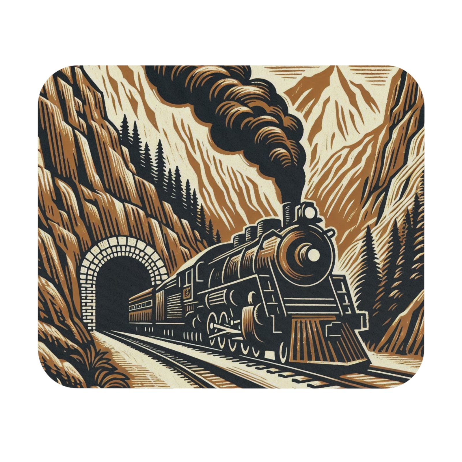 Steam Engine Train Mountain Block Print Mouse Pad 6 Inches Rectangle-image