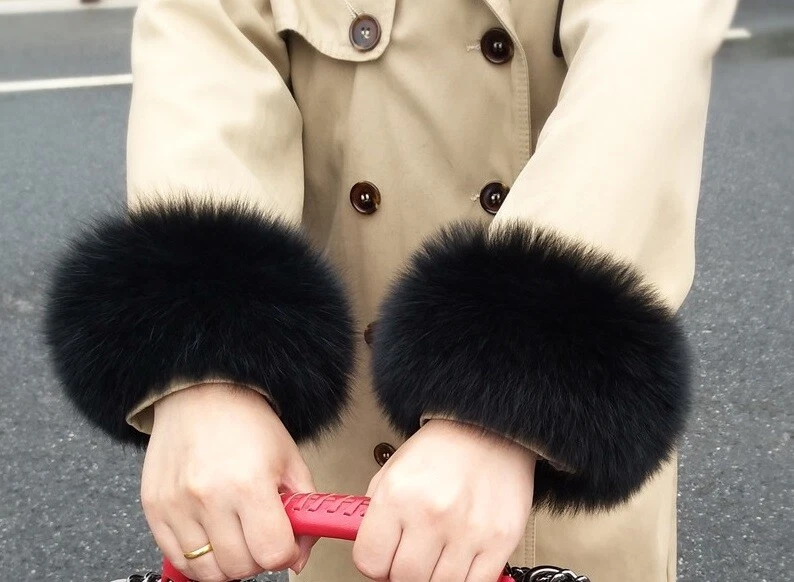 Real Fox Fur Cuffs Sleeves A Pair of Black Match with Jacket Accessories