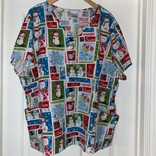 SB Scrubs Christmas Snowmen 3 Pocket V Neck Scrub  Colorful Scrub Top 3XL