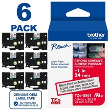 Genuine Brother TZe-S951 Strong Adhesive Black on Silver 1" Label Tape 6-PACK 