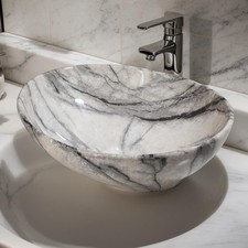 White Marbling Oval Vessel Sink 16x13 Inch Bathroom Ceramic Sinks Above