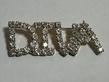 VTG Diva Rhinestone Spell Out Lapel Pin Brooch Gold Tone Clear Colorless 2.25”x1