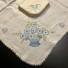 Vtg Linen MADEIRA STYLE  HAND EMBROIDERED Tablecloth Napkins Blue Green Flowers — photo 2