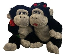Dan Dee Monkey Pair Hugging Stuffed Animals Black Gray Embroidered
