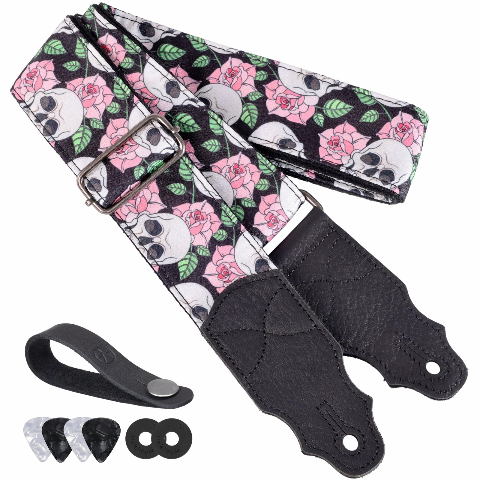 Sangle de guitare crâne et rose 5,1 cm accessoire guitare électrique et basse réglable