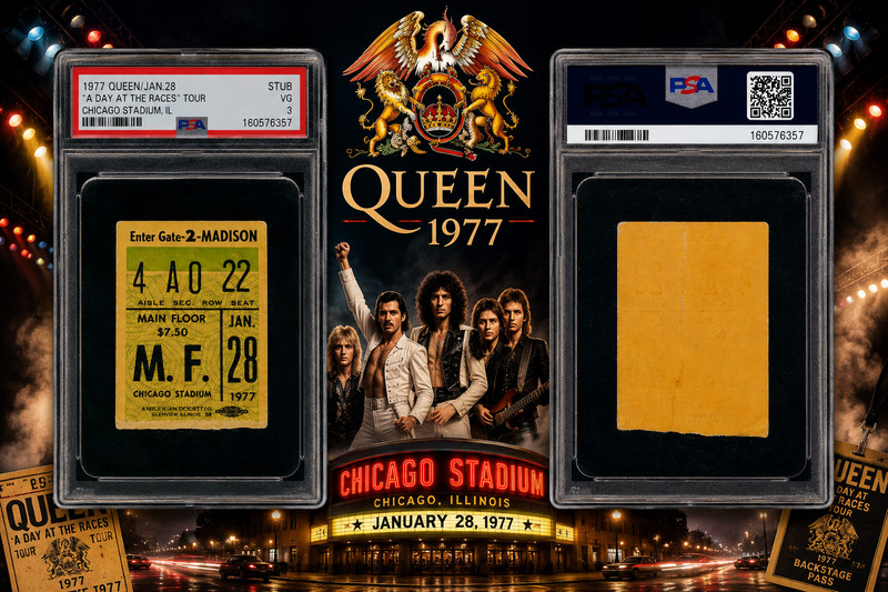 1977 QUEEN CONCERT TICKET PSA Certified CHICAGO STADIUM Historic Crazy Show
