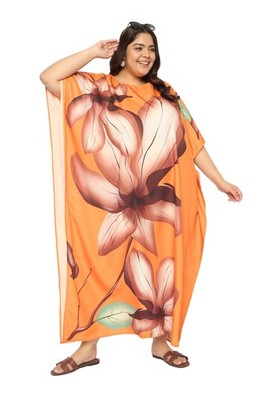 Plus Size Polyester Floral Print Kaftan for Women Casual Beach Resort Wear Gown