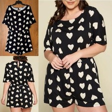 NEW Heart Print Plus Size Romper 1X Black Ivory Short Dolman Sleeve Pockets NEW