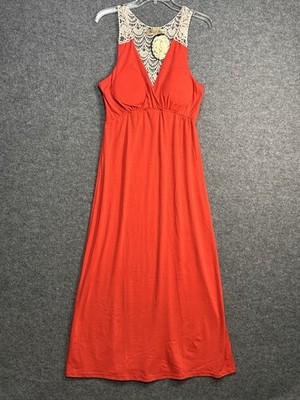 Second Skin NYC Women s S Bright Coral Maxi Dress Cover-Up Crochet Lace Back New
