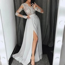 V-neck Long Sleeved Ball Gown with A-line Front Slit Formal Satin Evening Dress