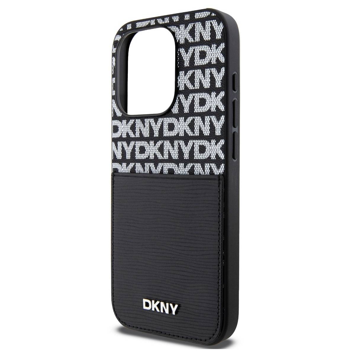 Coque iPhone 14 Pro DKNY luxe noir grainé avec fente porte-carte chic