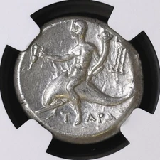 CALABRIA Tarentum 240BC NGC Ch XF Silver Didrachm Taras Horse Dolphin Coin D231
