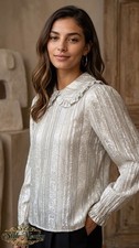 Vintage Metallic Silver Brocade Ruffle Collar Long Sleeve Blouse