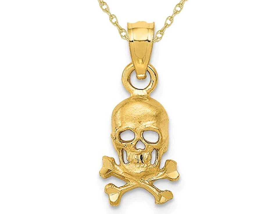 Colgante con cadena calavera y huesos cruzados de oro amarillo de 14K