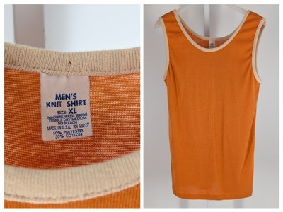 Vintage 70s Men's Knit Ringer Tank Top XL Orange USA Single Stitch 18x27 Basic