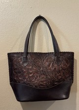 Tooled Floral Embossed Tote Bag Brown Double Handles Inner Pockets Bottom Studs
