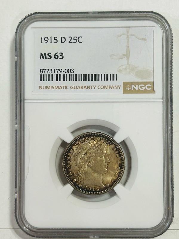 1915 D Barber Quarter NGC MS63, Choice Uncirculated Colorful GEM Tone Silver BU