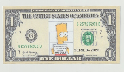 #ad #ad 2023 The Simpsons Bart Simpson holds Not Guilty sign $1 Hard feel Novelty Bill . $3.95