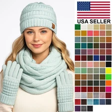 C.C Unisex 3pc Set Soft Ribbed Cable Knit Stretch Beanie Gloves and Scarf