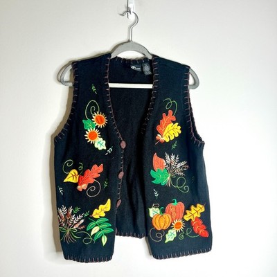 Vintage Grandma Sweater Cardigan Vest Fall Autumn Embroidered Button-Up Sz L