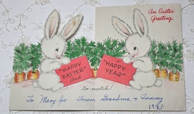 AS IS - 3 Images - Bunnies, Carrot Patch - 1942 HALLMARK Easter Greeting Card