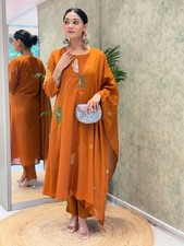 Elegant Rust Orange Kurta Set with Matching Dupatta Pants