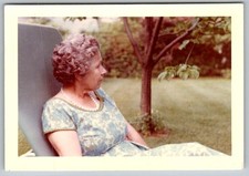 Vtg Color Snapshot Woman in Floral Dress By Tree 1963