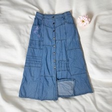 Vintage Denim Maxi Skirt Western Cowgirl Boho Floral Cottagecore Peasant 90s 10