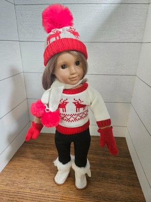 Winter Moose~ White & Red Sweater, Beanie Hat, Scarf & Fur Boots, 18'' Dolls