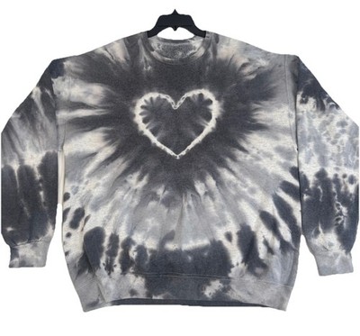 Hand Dyed Tie Dye Heart Sweatshirt Gray White Crewneck Oversized Unisex XL