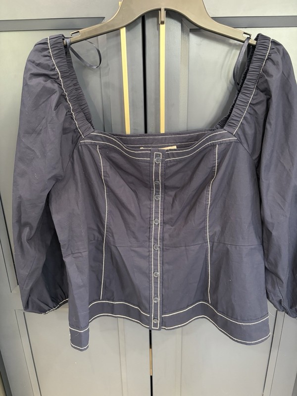 LOFT Women's Blue Square Neck Button Front Puff Long Sleeve Blouse Size M