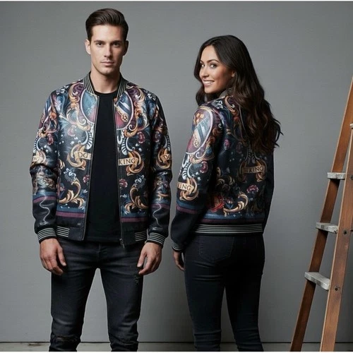Stall & Dean Exotic Baroque Print Bomber Jacket Black Multi Color Unisex Size M - product listing photo