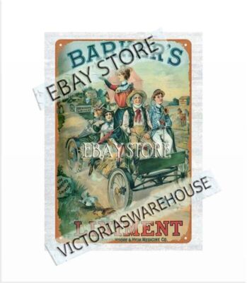 1900 Baker's Liniment farm cart horse chicken metal tin sign garage design ideas