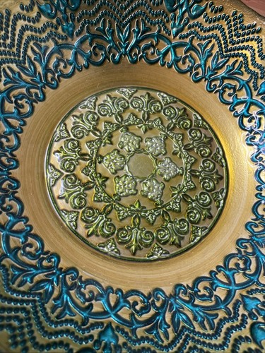 Turkish Art Bowl Decorative Centerpiece Mandala Blue Green Gold 12 in diameter - Picture 2 of 5