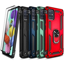 For Samsung Galaxy A21s Case Ring Stand Phone Case with Tempered Glass Protector