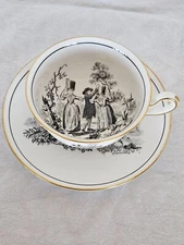 Vintage Royal Chelsea H.Fennell Black/White Toile Design Tea Cup & Saucer 1940s