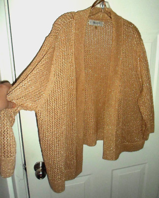 Jones NY Studio 2X Gold Metallic Open Front Mesh Cardigan Knit  NICE