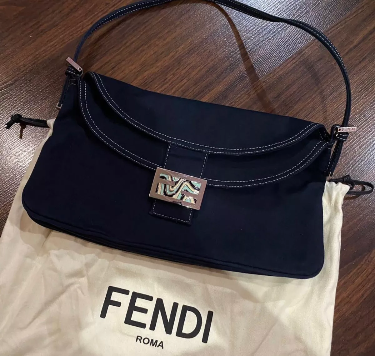 FENDI Limited Edition Baguette Clasp Dark Denim/Chrome/Enamel Fabric Hobo  Bag