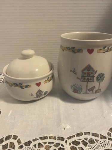 Vintage Thomson Pottery China Birdhouse Utinsel Jar and Lidded Bowl 