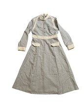 Vintage Style Blue Cream Long Sleeve Midi Dress Retro High Neck Button Size XL