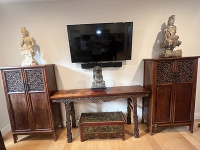 Chinese Huanghuali Cabinet Pair - open carved dragon doors